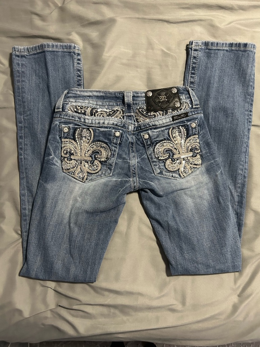 Miss Me Slim Boot Cut Jeans with Fleur de Lis Embellished Pockets